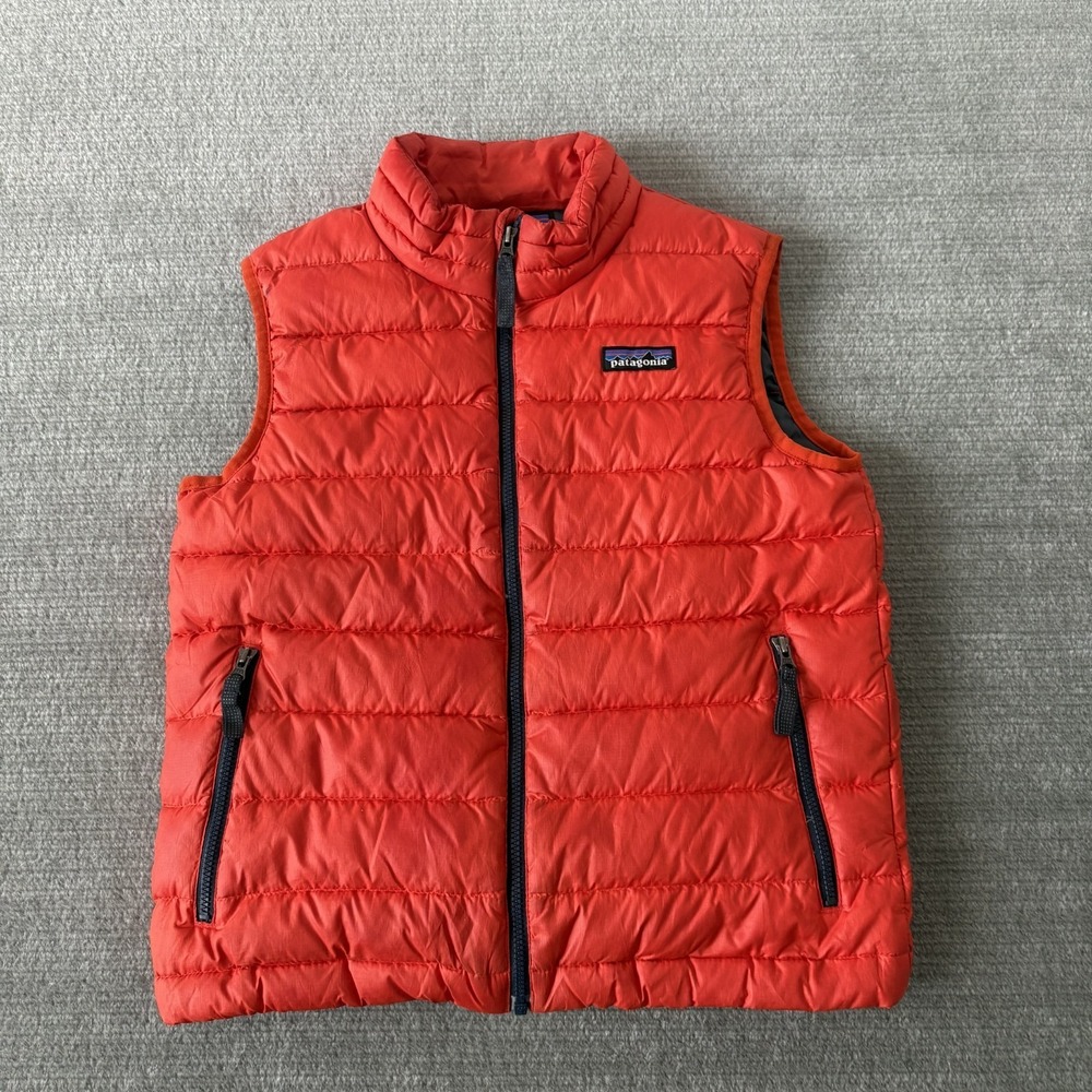 Patagonia Down Sweater Vest Boy's Size S 7-8  Puffer Orange Outdoor Hike Flawed